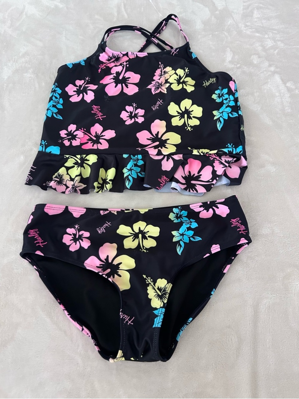 Hurley Kids' Floral Tankini Swim Set - Black with Pink, Yellow & Blue Flowers